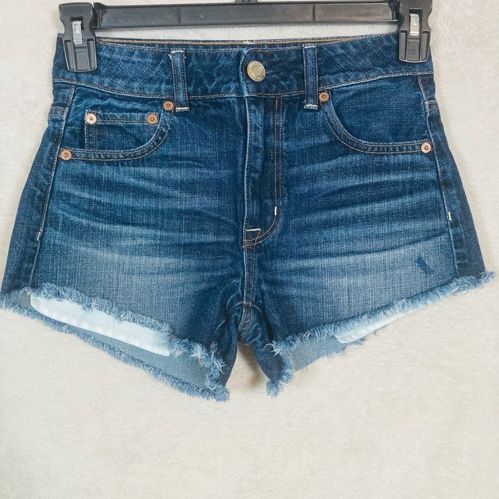 American Eagle Festival Shorts Women 0 Blue Hi-Rise Denim Cut Offs Super Stretch